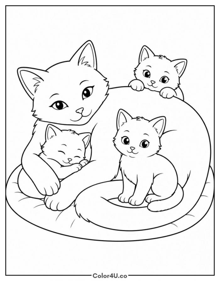 Mama cat with three kittens on a cushion, medium coloring page, free printable
