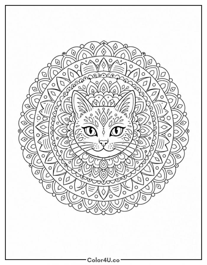 Cat face mandala with layered petal patterns, detailed coloring page, free printable