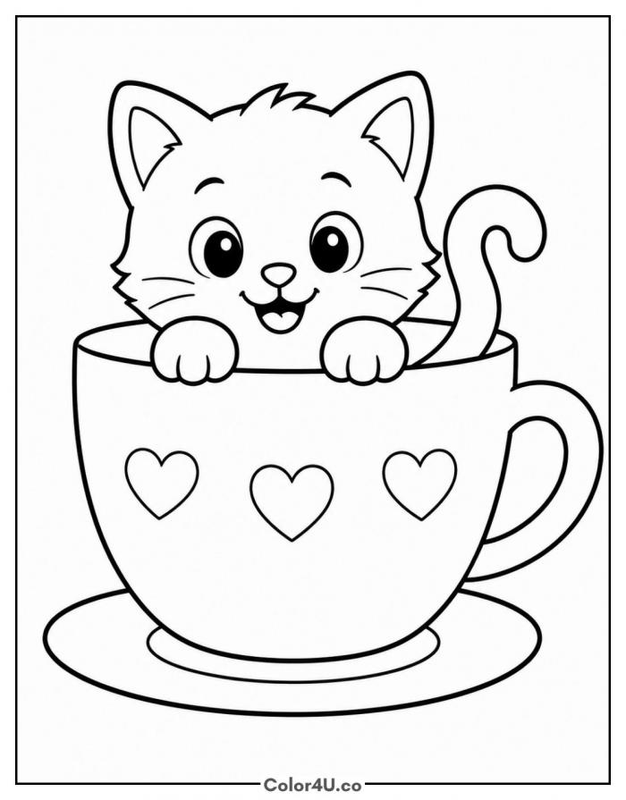 Kitten sitting inside a heart teacup, easy coloring page, free printable