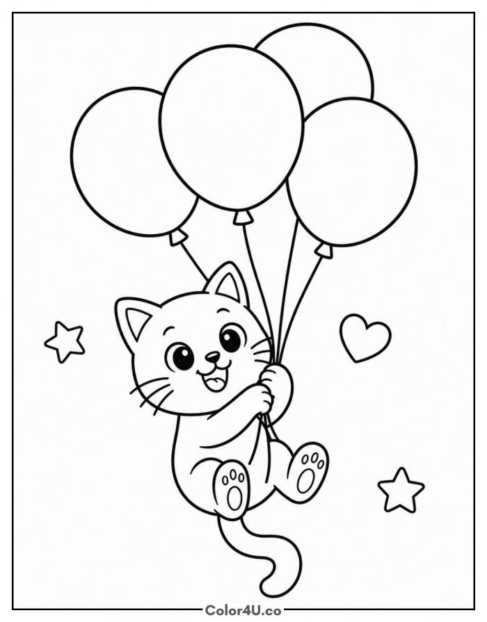 Kitten floating with three balloons, easy coloring page, free printable