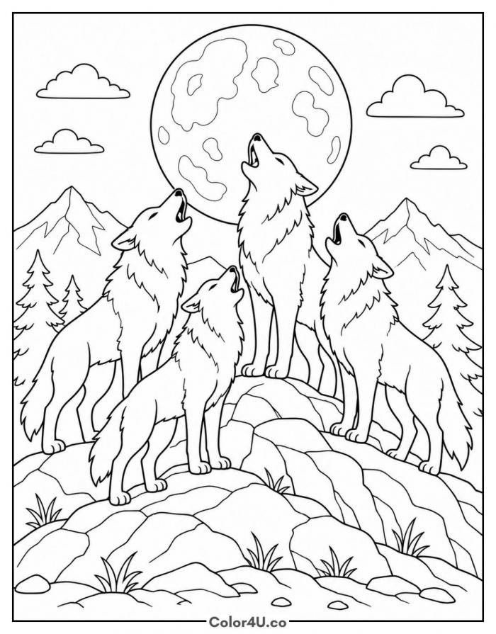 Wolf pack howling at the moon, detailed wolf coloring page, free printable