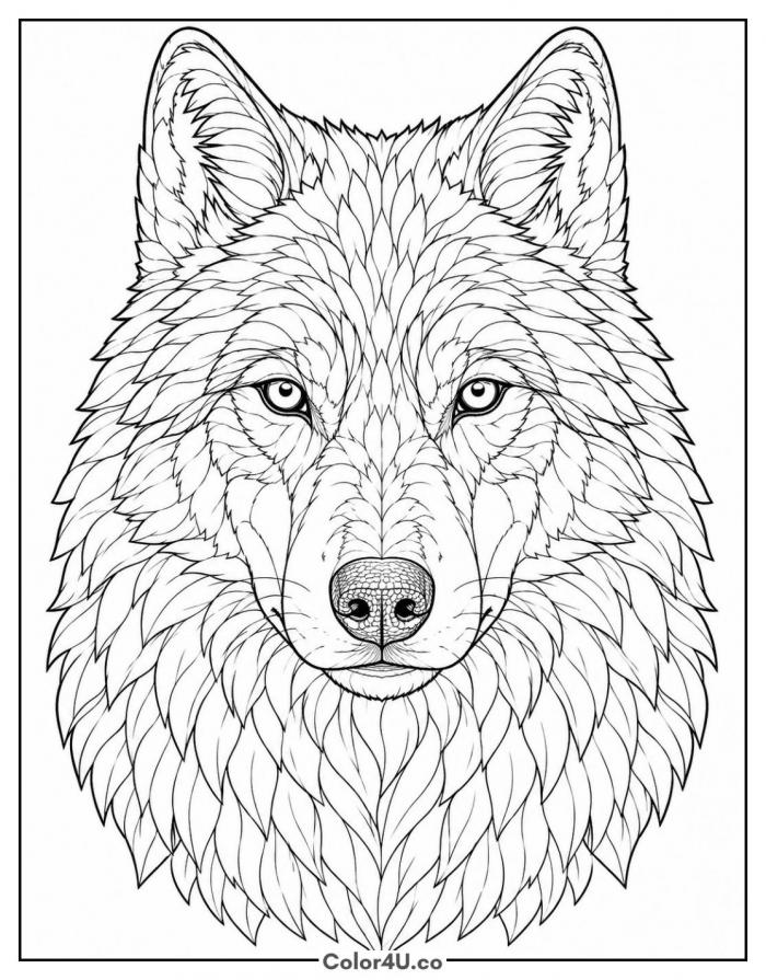 Realistic wolf portrait close-up, detailed wolf coloring page, free printable