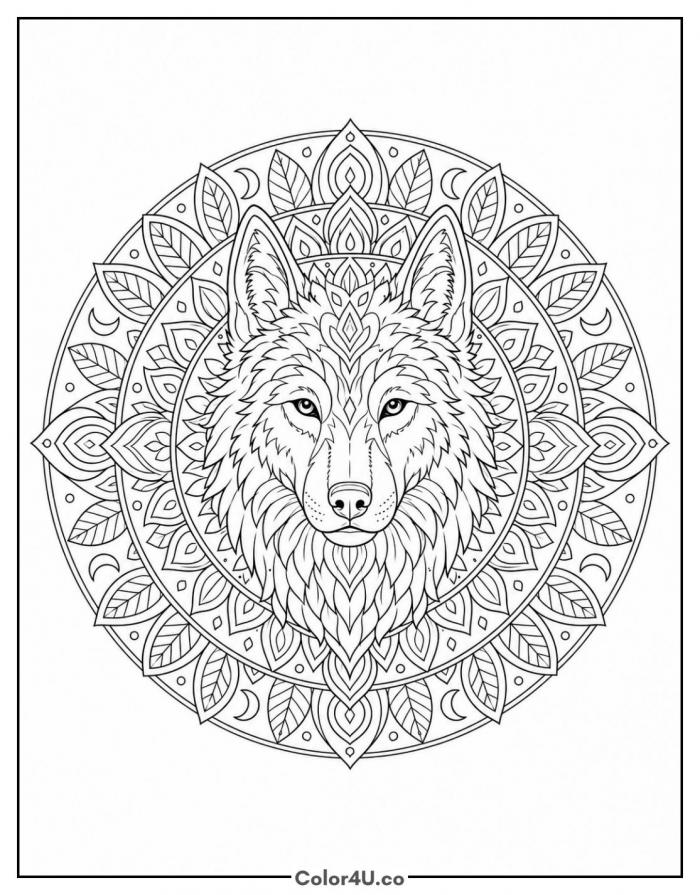 Wolf face mandala with leaf and moon patterns, detailed wolf coloring page, free printable