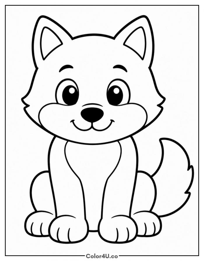 Baby wolf pup sitting and smiling, easy wolf coloring page, free printable