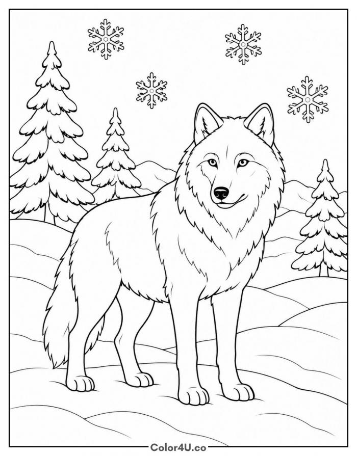 Arctic wolf standing in snow with pine trees, detailed wolf coloring page, free printable