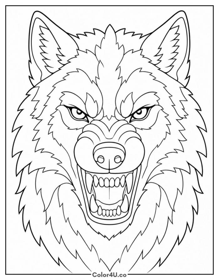 Snarling wolf baring its teeth, detailed wolf coloring page, free printable