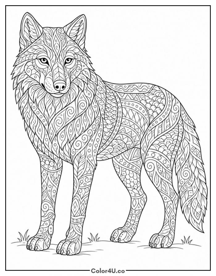 Zentangle patterned wolf standing, detailed wolf coloring page, free printable