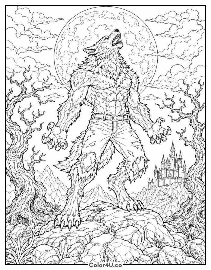 Werewolf howling at the full moon on a cliff, detailed wolf coloring page, free printable