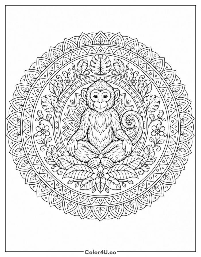 Baby monkey meditating in a mandala, detailed coloring page, free printable