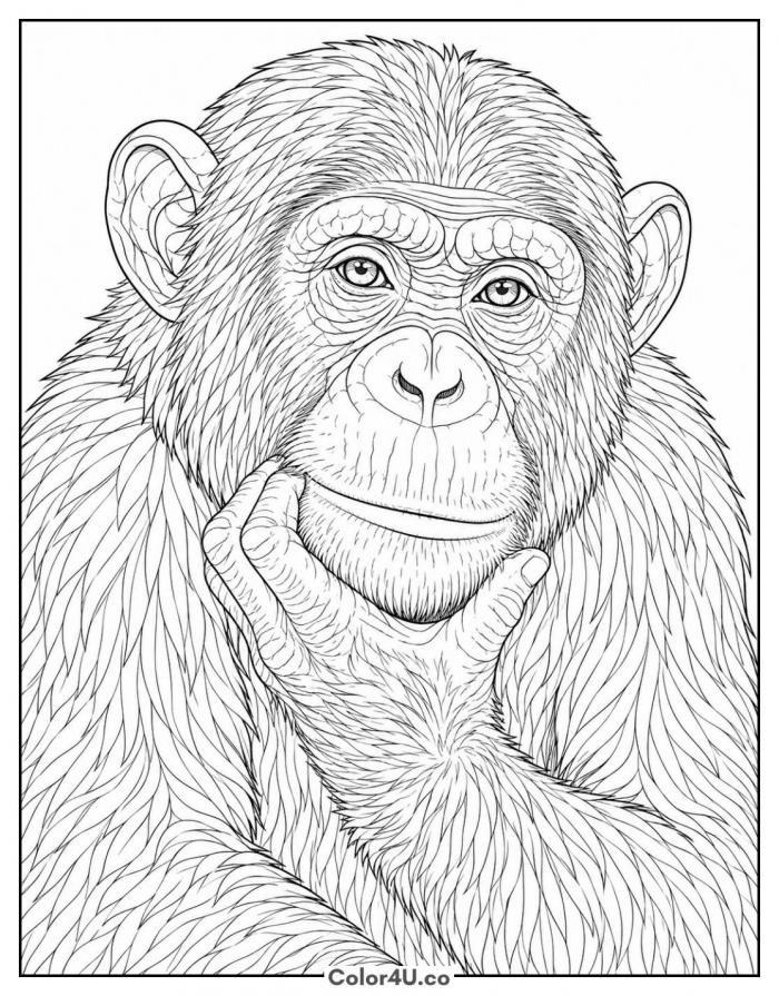 Realistic chimpanzee portrait resting chin on hand, detailed coloring page, free printable