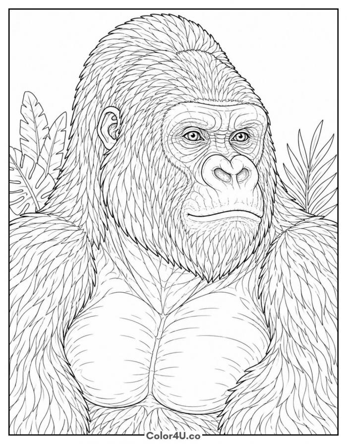 Gorilla portrait with muscular chest and jungle leaves, detailed coloring page, free printable