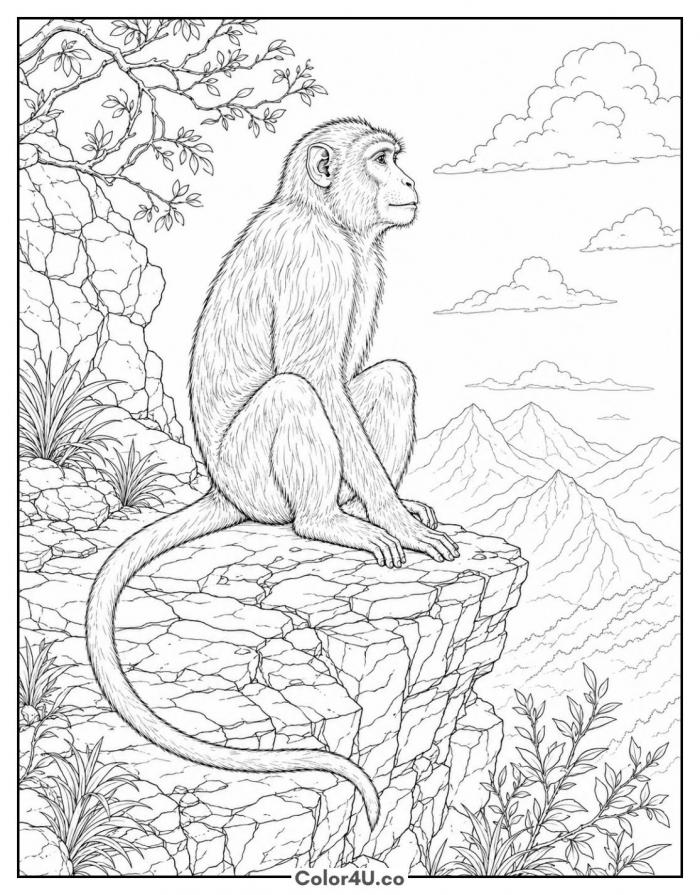 Macaque sitting on a rocky cliff overlooking mountains, detailed coloring page, free printable