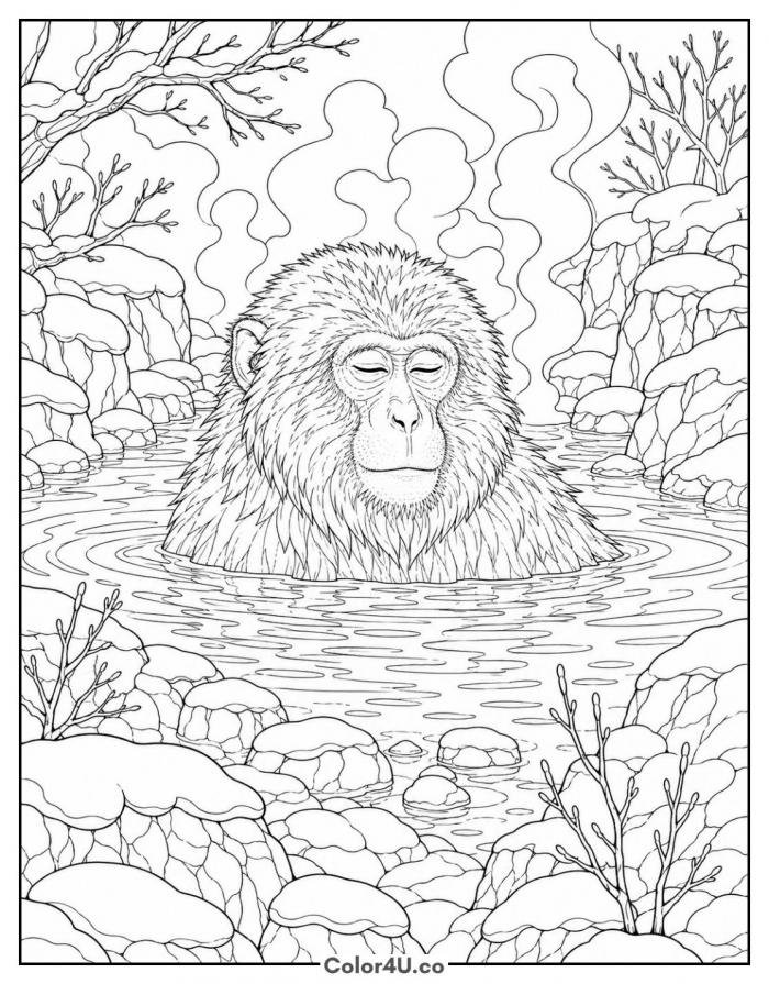 Snow monkey soaking in a steaming hot spring, detailed coloring page, free printable