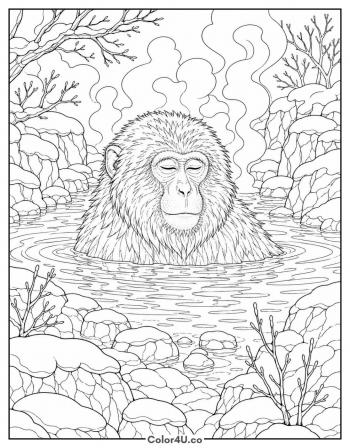 Snow Monkey in a Hot Spring coloring page