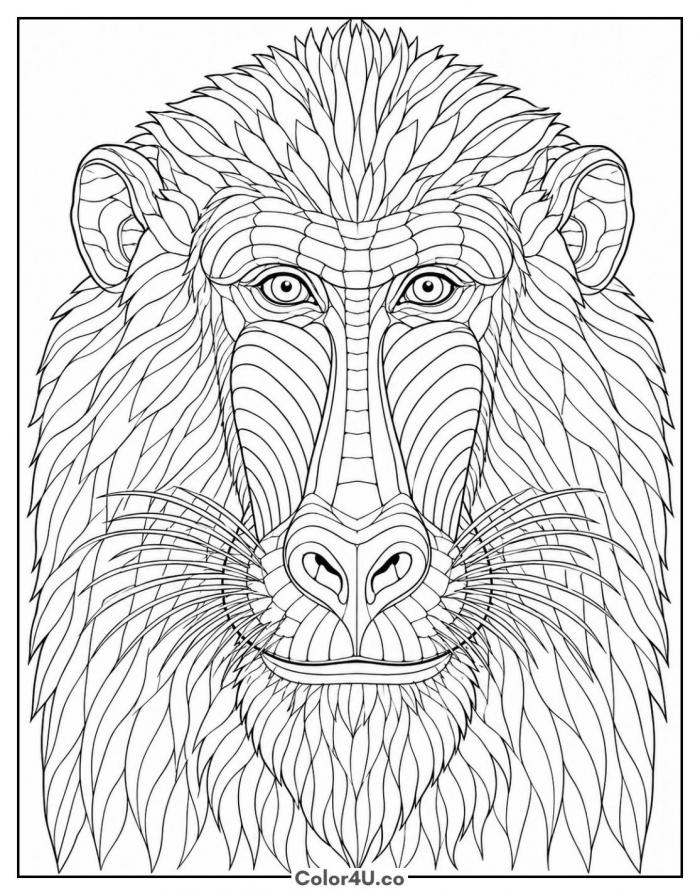 Mandrill face with ridged snout and whiskers, detailed coloring page, free printable