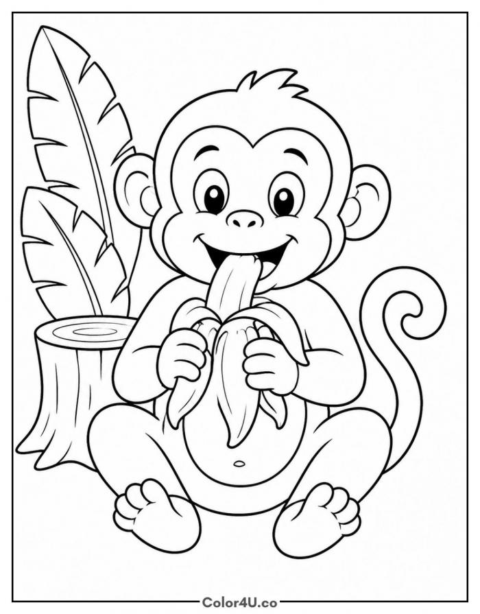 Cartoon monkey eating a banana, easy coloring page, free printable