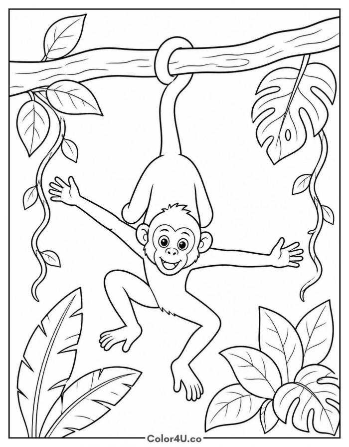 Spider monkey hanging by its tail from a branch, medium coloring page, free printable