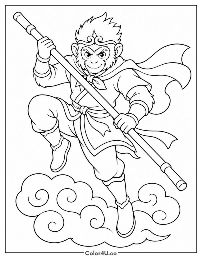 Sun Wukong the Monkey King leaping with staff, medium coloring page, free printable