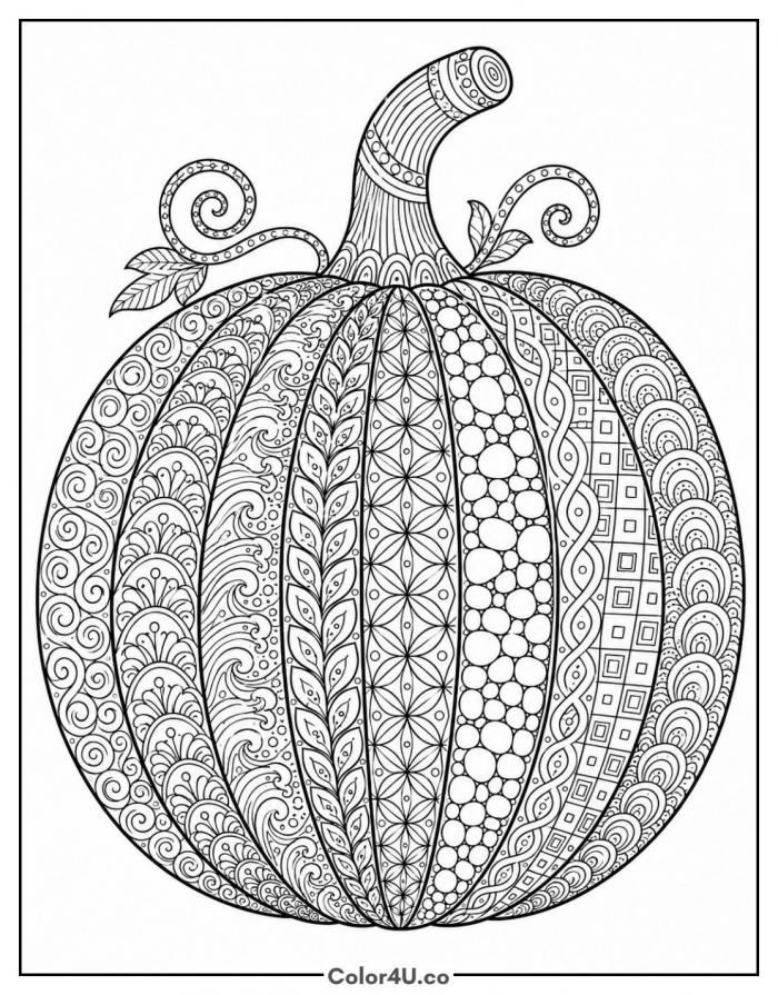 Zentangle pumpkin with mixed geometric patterns, detailed coloring page, free printable
