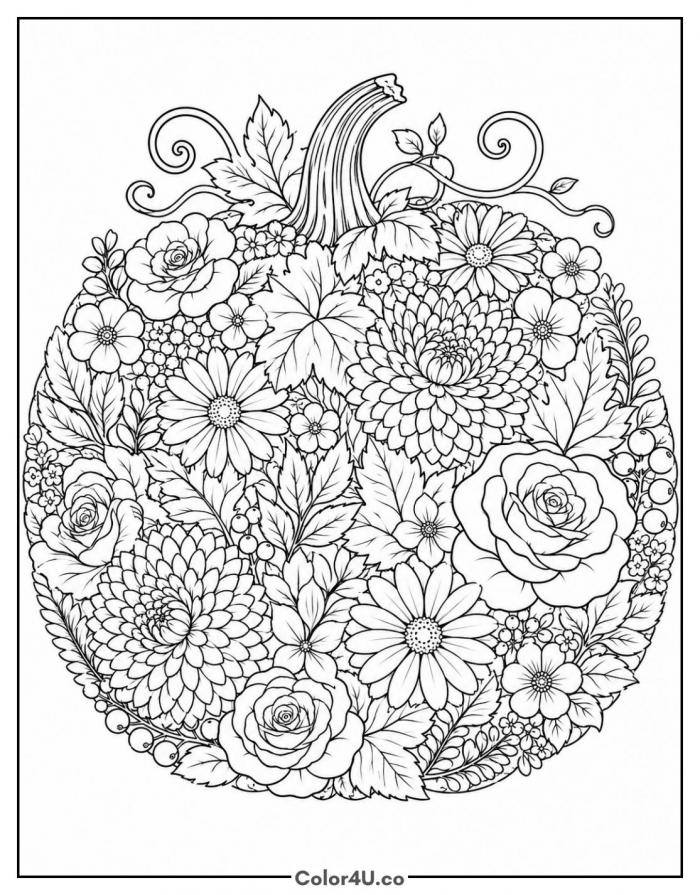Floral pumpkin made of roses and dahlias, detailed coloring page, free printable