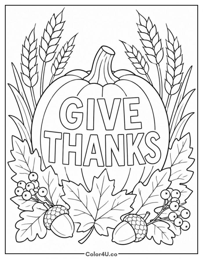 Give thanks pumpkin with wheat and acorns, medium coloring page, free printable