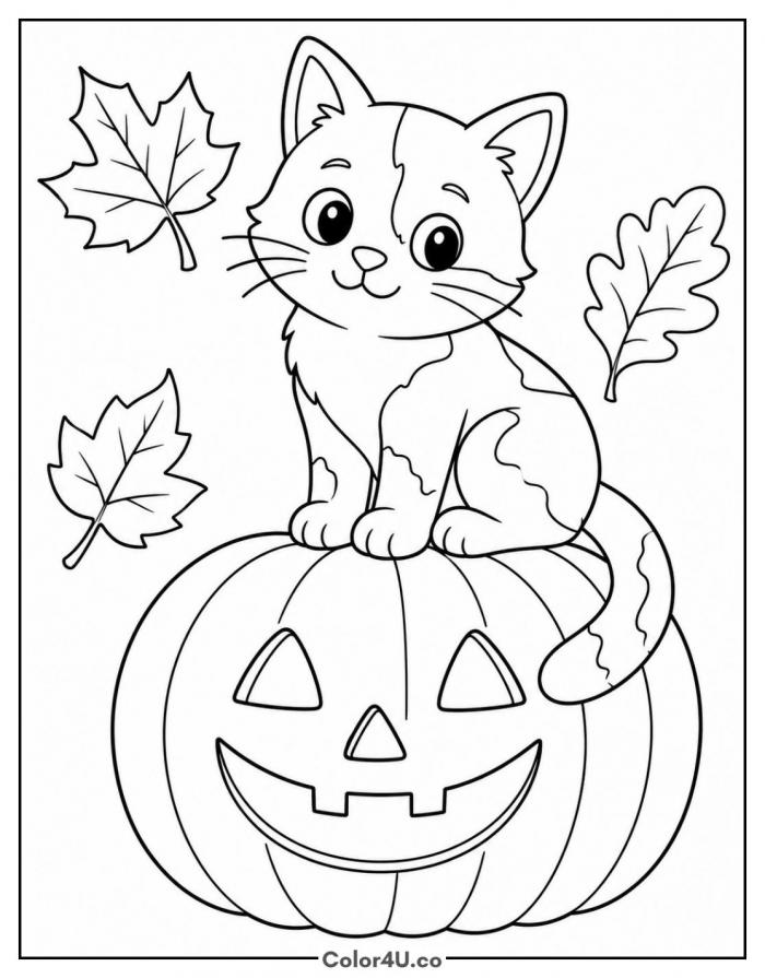 Cat sitting on a jack-o-lantern pumpkin, medium coloring page, free printable