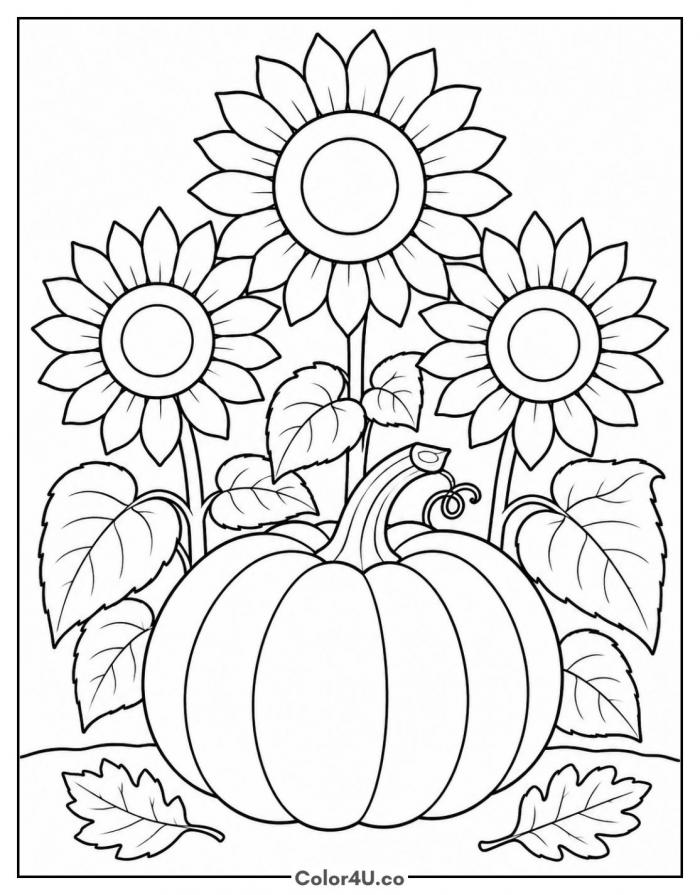 Pumpkin with three sunflowers, detailed coloring page, free printable