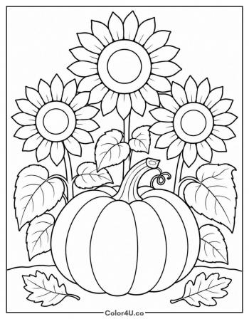 Pumpkin and Sunflowers coloring page