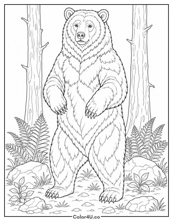 Grizzly bear standing tall in the forest, detailed Bear coloring page, free printable