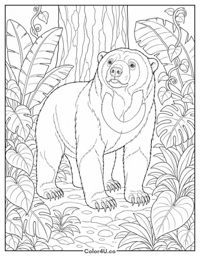 Sun bear in the jungle with chest patch, detailed Bear coloring page, free printable