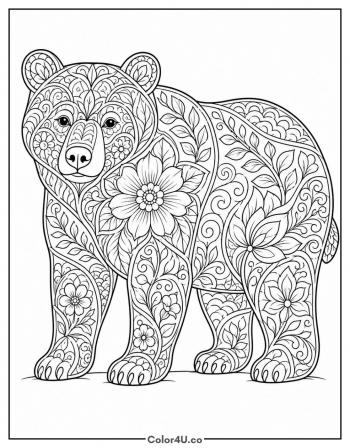 Floral Zentangle Bear coloring page