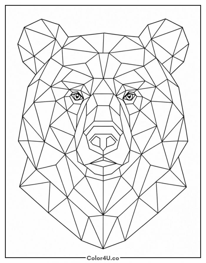Geometric low-poly bear face, detailed Bear coloring page, free printable