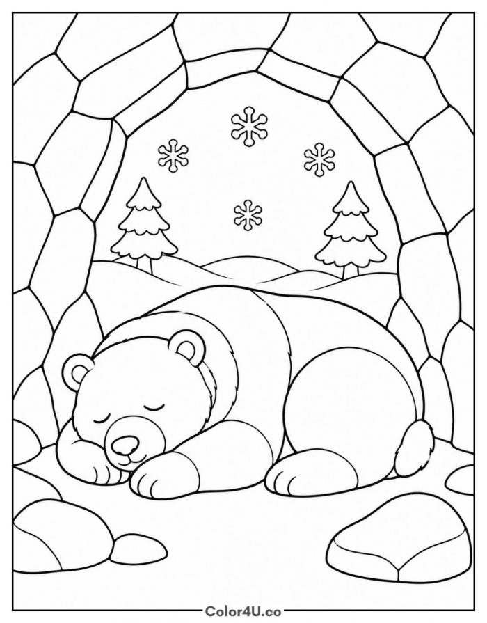 Sleeping bear in a snowy cave, medium Bear coloring page, free printable