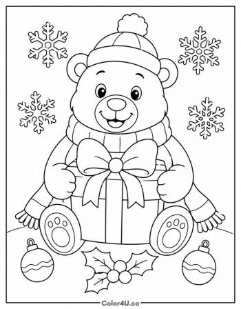 Christmas Bear with Gift coloring page