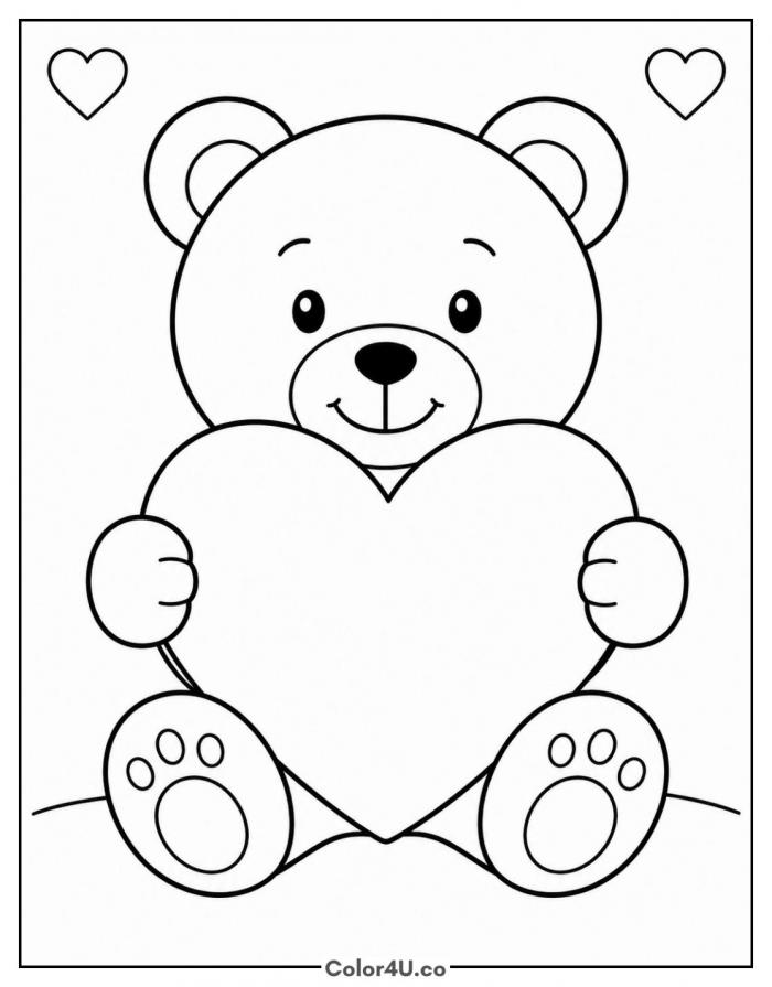 Valentine teddy bear holding a heart, easy Bear coloring page, free printable