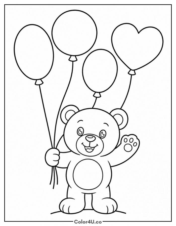 Teddy bear holding balloons, easy Bear coloring page, free printable