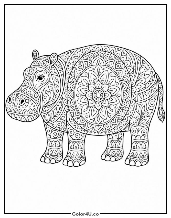 Hippo covered in mandala patterns, detailed zentangle coloring page, free printable