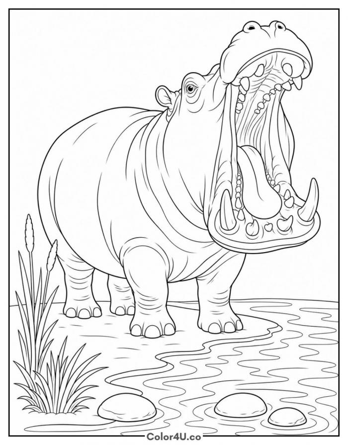 Hippo Yawning by the Water Coloring Page