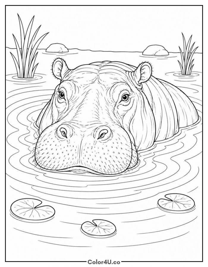 Hippo Half-Submerged in the River Coloring Page