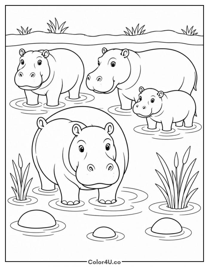 Hippo Pod in the River Coloring Page