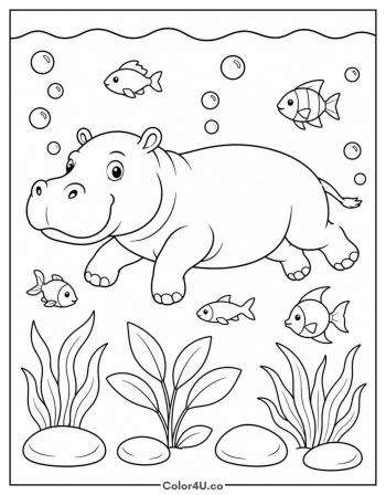 Hippo Underwater with Fish coloring page