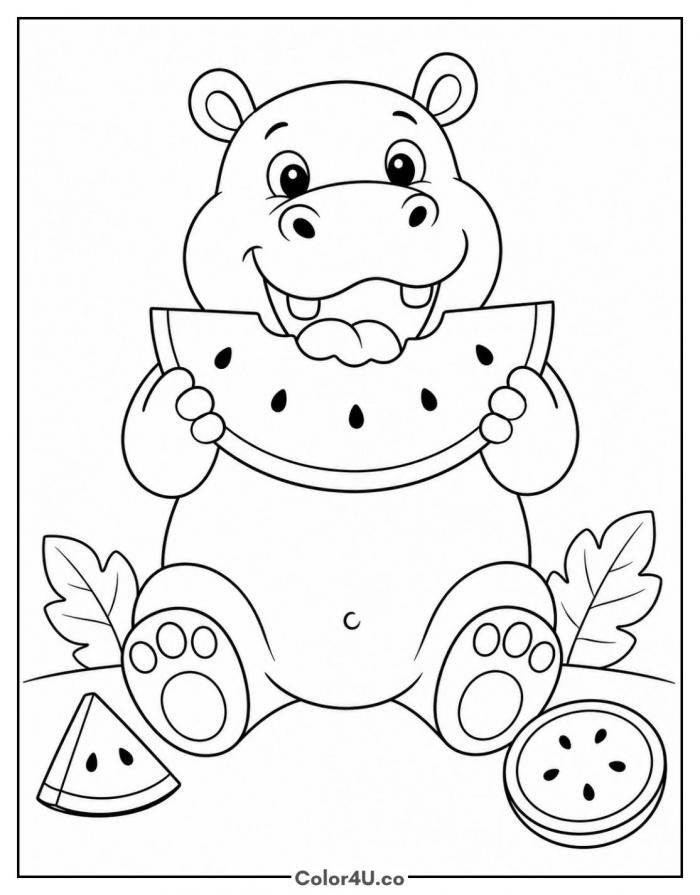 Hippo Eating Watermelon Coloring Page