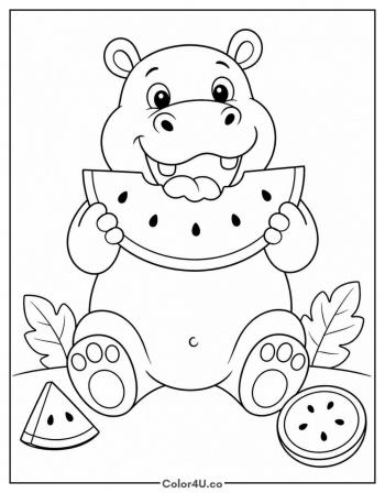 Hippo Eating Watermelon coloring page