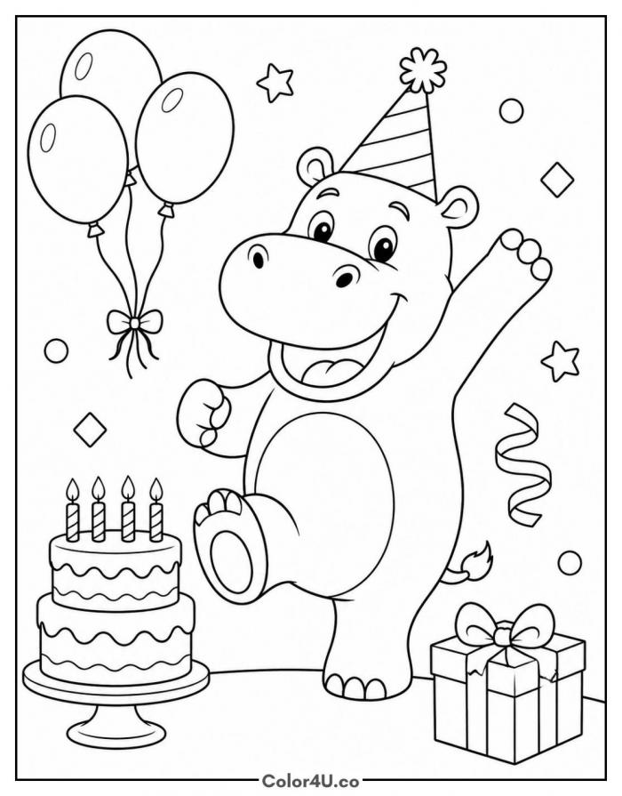 Birthday Party Hippo Coloring Page