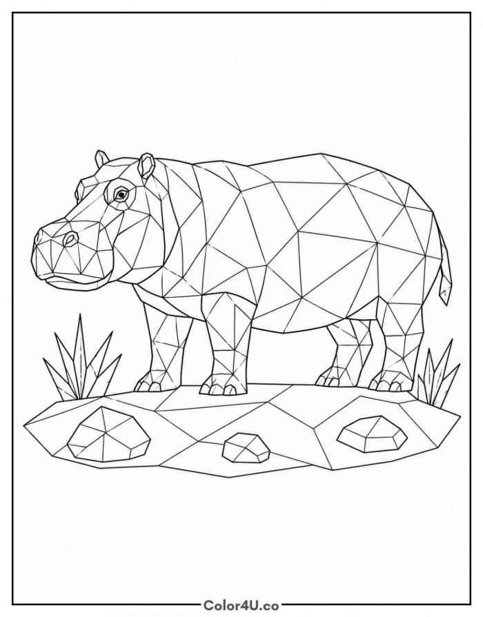 Geometric Low-Poly Hippo Coloring Page
