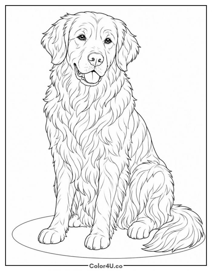 Realistic golden retriever sitting, detailed dog coloring page, free printable