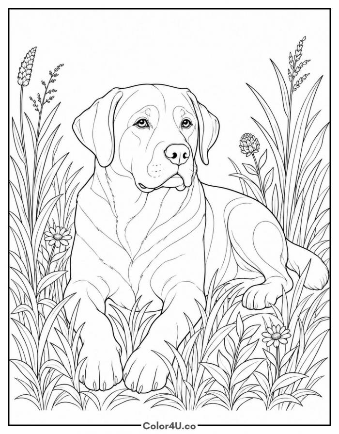 Realistic Labrador lying in grass, detailed dog coloring page, free printable