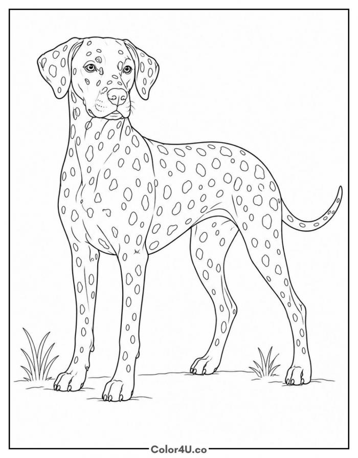 Dalmatian standing with spots, detailed dog coloring page, free printable