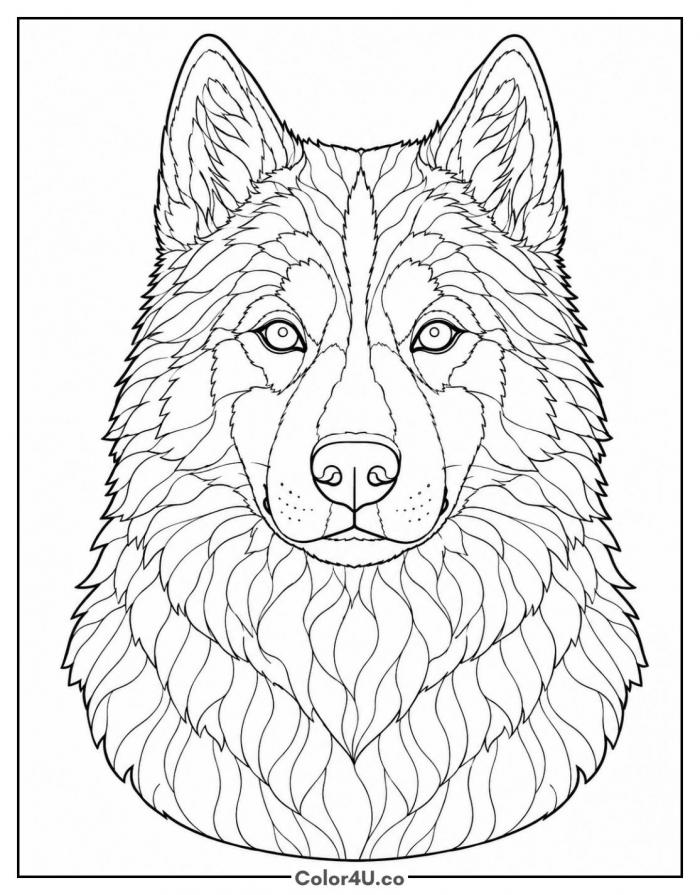 Siberian Husky front-facing portrait, detailed dog coloring page, free printable