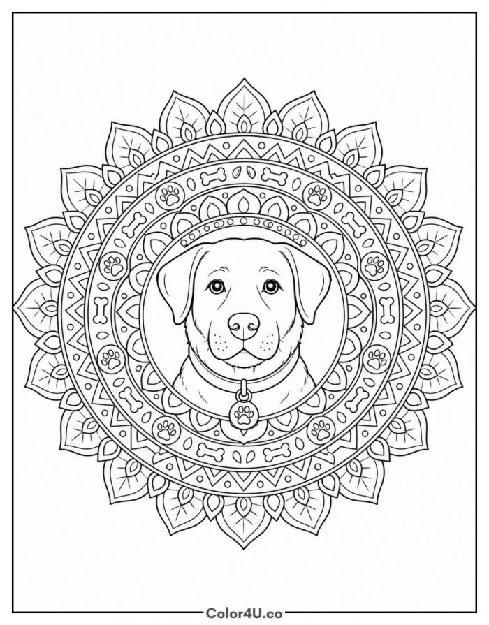 Dog face mandala coloring page, detailed dog coloring page, free printable